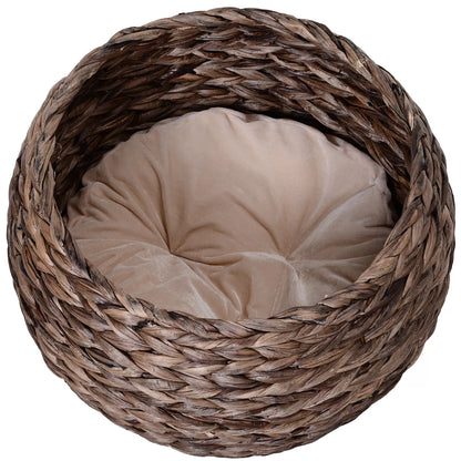 Water hyacinth cat bed with cushion, cat bed, pet bed, 50 cm x 42 cm x 60 cm, Brown + Beige