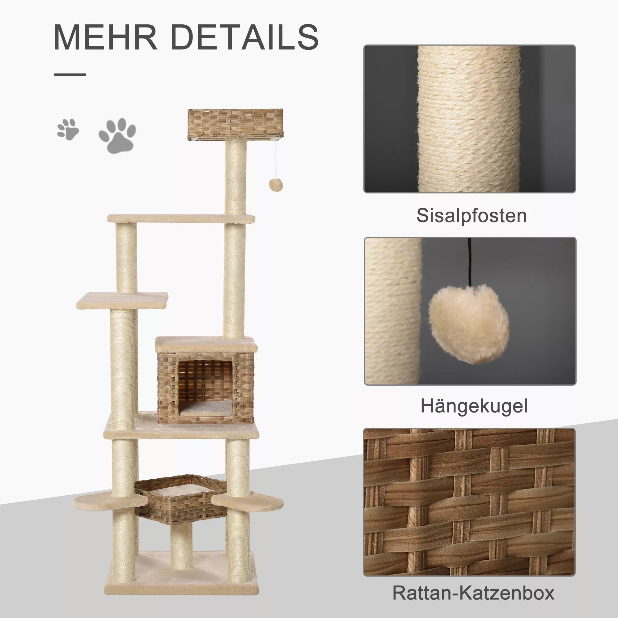 Rotangpalmas kaķu māja ar alu, daudzstāvu kaķu māja, kāpšanas koks kaķiem, E1 MDF, sizala, bēša+brūna, 55 x 55 x 174 cm