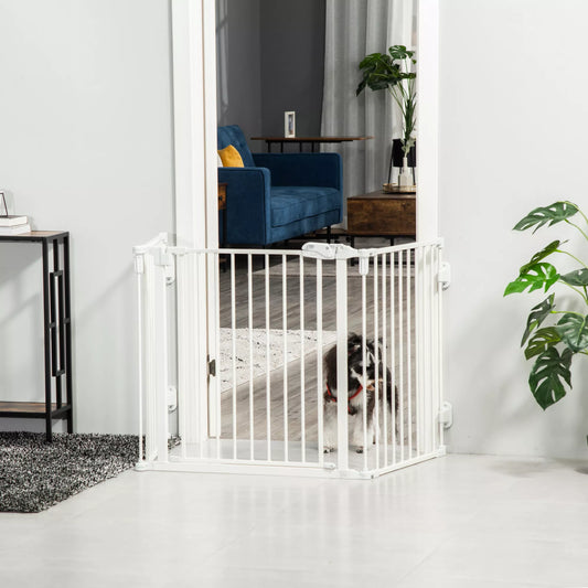 Suņu drošības vārti, durvju un mājdzīvnieku drošības vārti, regulējami, salokāmi, kamīna vārti ar pašaizverošām durvīm, 3 paneļi, krāsnij, stiprināmi pie sienas/brīvi stāvoši, balti, 202,5 ​​x 76 cm