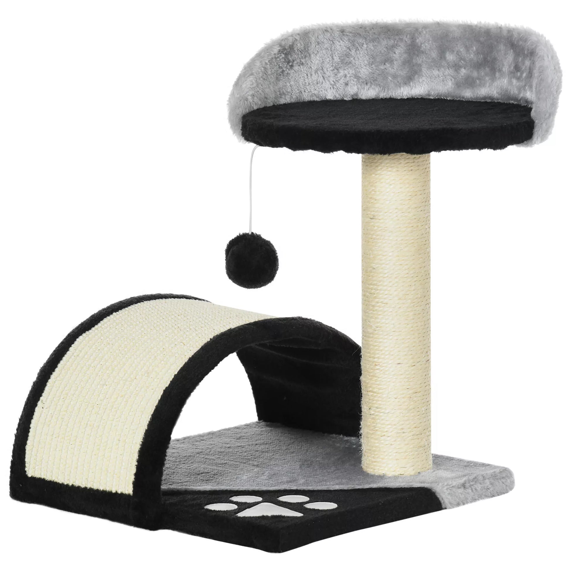 Katės draskyklė su žaidimo kamuoliukais, su sizalinės virvės draskomosiomis atramomis, juoda spalva, 35,5 x 37 x 46 cm