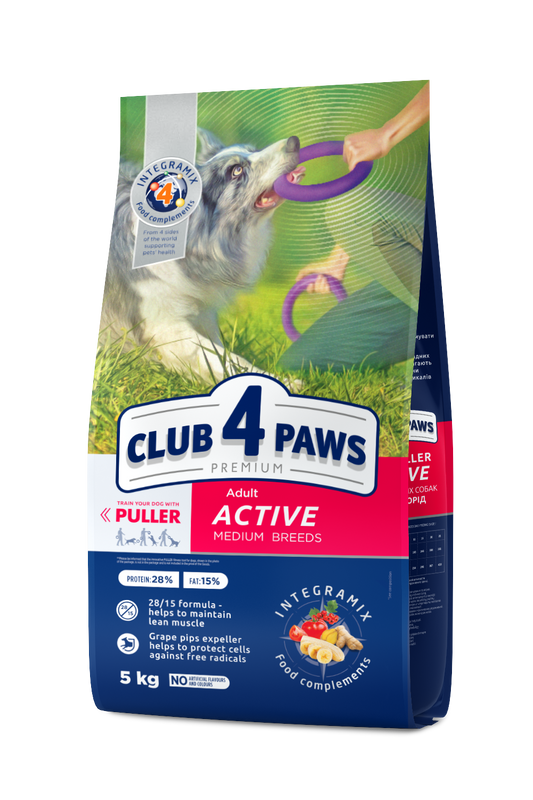 CLUB 4 PAWS PREMIUM "ACTIVE". PILNVĒRTĪGA BARĪBA PIEAUGUŠIEM AKTĪVIEM VIDĒJĀS ŠĶIRNES SUŅIEM