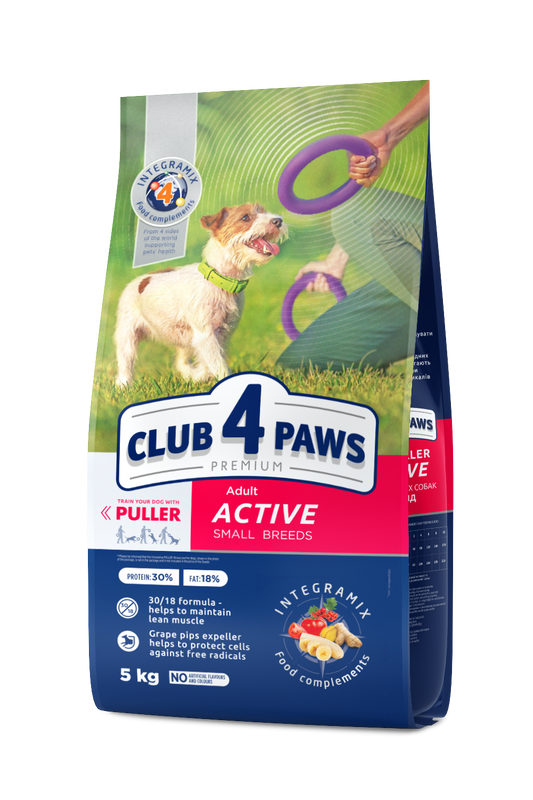 CLUB 4 PAWS PREMIUM ACTIVE. PILNVĒRTĪGA SAUSĀ BARĪBA PIEAUGUŠIEM AKTĪVIEM MAZU ŠĶIRŅU SUŅIEM