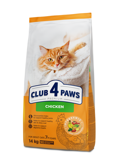 CLUB 4 PAWS PREMIUM VISTAS BARĪBA. PILNVĒRTĪGA SAUSĀ BARĪBA PIEAUGUŠIEM KAĶIEM, KAS VECĀKI PAR 7 GADIEM.