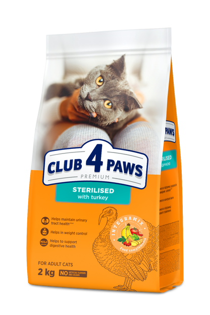 CLUB 4 PAWS PREMIUM AR TĪTARU. PILNVĒRTĪGA SAUSĀ BARĪBA PIEAUGUŠIEM STERILIZĒTIEM KAĶIEM.