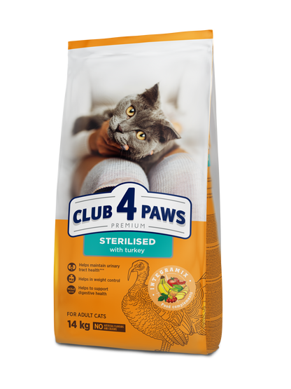 CLUB 4 PAWS PREMIUM AR TĪTARU. PILNVĒRTĪGA SAUSĀ BARĪBA PIEAUGUŠIEM STERILIZĒTIEM KAĶIEM.