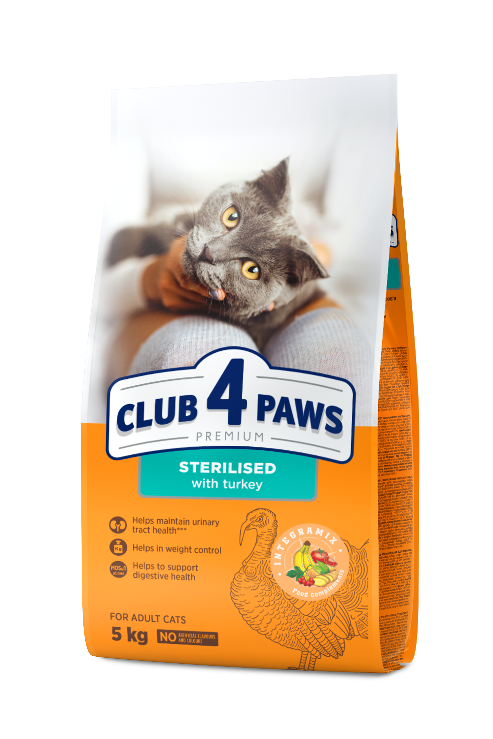CLUB 4 PAWS PREMIUM SU KALAKUTIENA. VISAVERTIS SAUSAS PAŠARAS SUAUGUSIOMS STERILIZUOTOMS KATĖMS – 5 kg