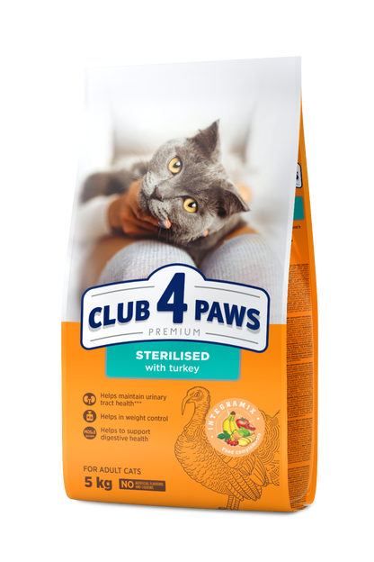 CLUB 4 PAWS PREMIUM AR TĪTARU. PILNVĒRTĪGA SAUSĀ BARĪBA PIEAUGUŠIEM STERILIZĒTIEM KAĶIEM.