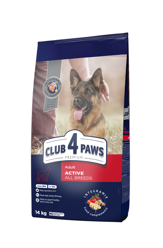 CLUB 4 PAWS PREMIUM "ACTIVE". PILNVĒRTĪGA SAUSĀ BARĪBA VISU ŠĶIRŅU PIEAUGUŠIEM AKTĪVIEM SUŅIEM