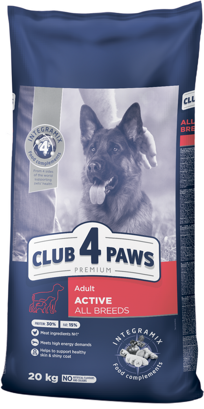 CLUB 4 PAWS PREMIUM "ACTIVE". VISAVERTIS SAUSAS PAŠARAS SUAUGUSIEMS AKTYVIEMS VISŲ VEISLIŲ ŠUNIMS