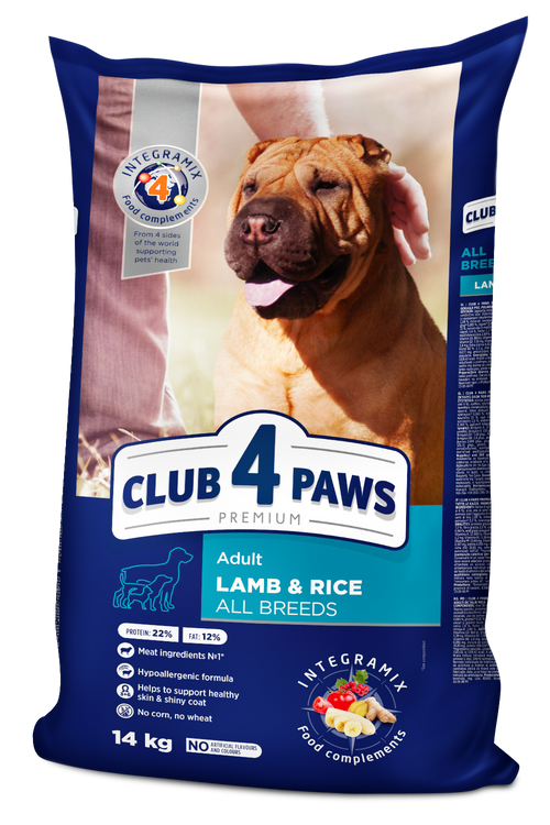 CLUB 4 PAWS PREMIUM SU ĖRIENA IR RYŽIAIS SUAUGUSIEMS VISŲ VEISLIŲ ŠUNIMS. VISAVERTIS SAUSAS PAŠARAS – 14 kg
