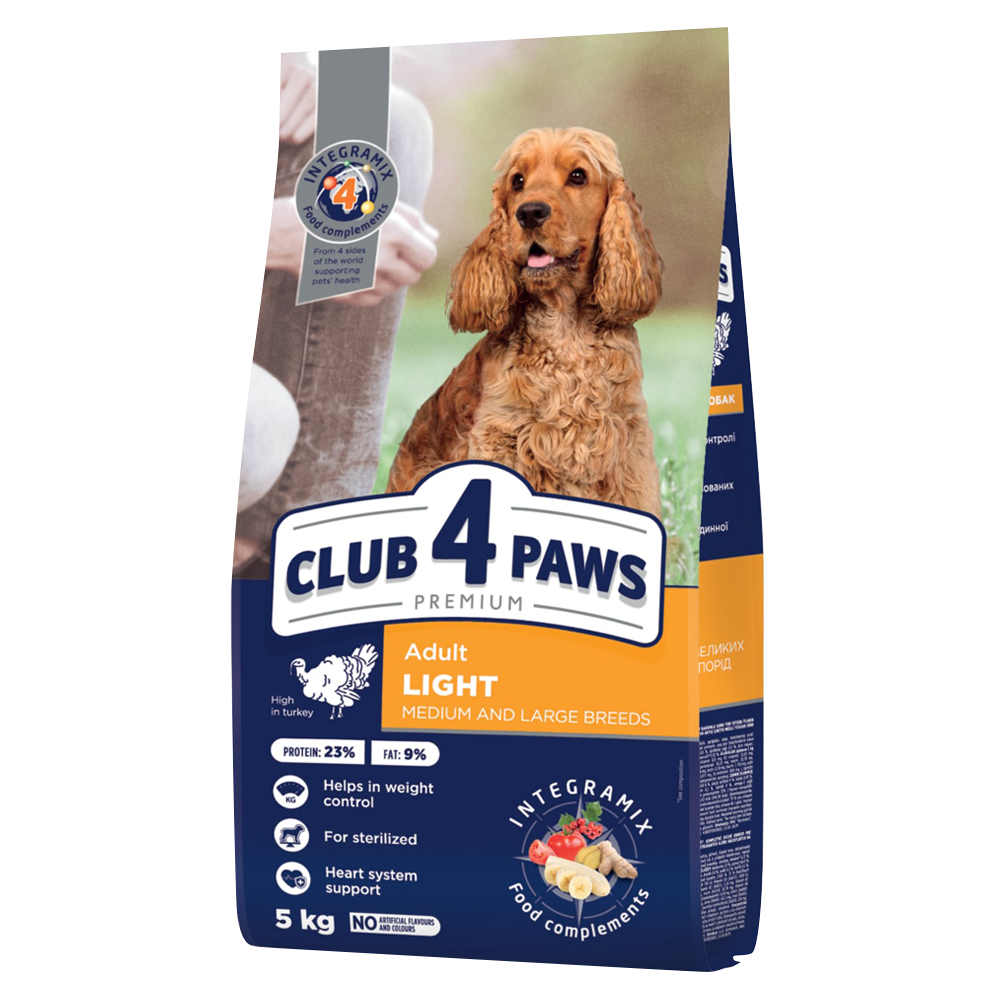 CLUB 4 PAWS PREMIUM SVORIO KONTROLĖ. VISAVERTIS SAUSAS PAŠARAS SUAUGUSIEMS VIDUTINIŲ IR STAMBIŲ VEISLIŲ, STERILIZUOTIEMS IR TURINTIEMS POLINKĮ Į NUTUKIMĄ ŠUNIMS. SU DIDELIU KIEKIU KALAKUTIENOS.