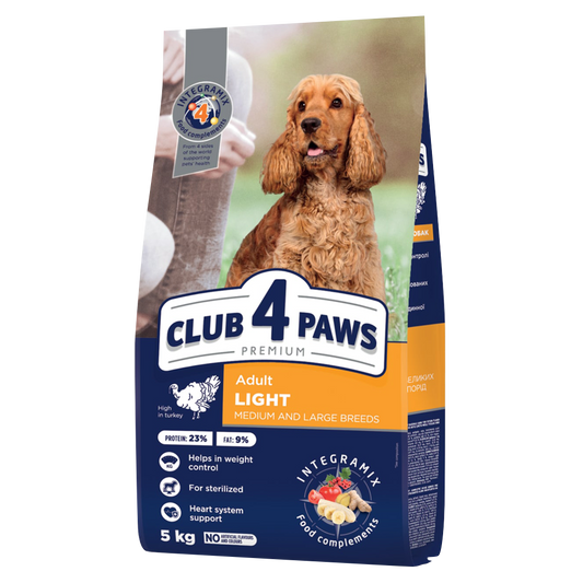 CLUB 4 PAWS PREMIUM WEIGHT CONTROL. PILNVĒRTĪGA SAUSĀ BARĪBA PIEMAUGUŠIEM VIDĒJA UN LIELA ŠĶIRŅU SUŅIEM, STERILIZĒTIEM UN AR APTAUKŠANĀS RISKU. AR AUGSTU TĪTARU SATURU.