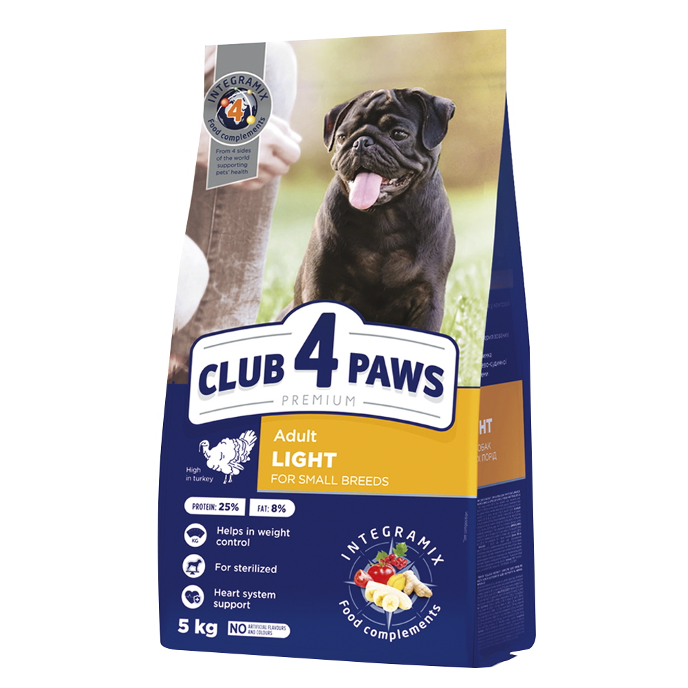 CLUB 4 PAWS PREMIUM SVORIO KONTROLĖ. VISAVERTIS SAUSAS PAŠARAS SUAUGUSIEMS MAŽŲ VEISLIŲ STERILIZUOTIEMS IR TURINTIEMS POLINKĮ Į NUTUKIMĄ ŠUNIMS. SU DIDELIU KIEKIU KALAKUTIENOS.