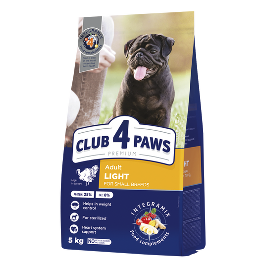 CLUB 4 PAWS PREMIUM WEIGHT CONTROL. PILNVĒRTĪGA SAUSĀ BARĪBA PIEAUGUŠIEM MAZU ŠĶIRŅU, STERILIZĒTIEM UN AR APTAUKŠANĀS RISKU. AR AUGSTU TĪTARU SATURU.