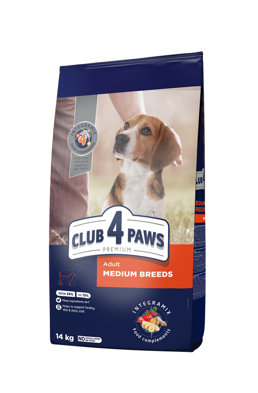 CLUB 4 PAWS PREMIUM PILNVĒRTĪGA SAUSĀ BARĪBA VIDĒJA AUGUMA ŠĶIRŅU PIEAUGUŠIEM SUŅIEM