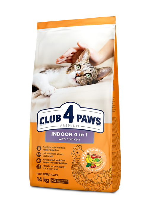 0000CLUB 4 PAWS PREMIUM AR VISTU KAĶIEM, KAS DZĪVO TELPĀS "4 VIENĀ". PILNVĒRTĪGA SAUSĀ BARĪBA PIEAUGUŠIEM KAĶIEM