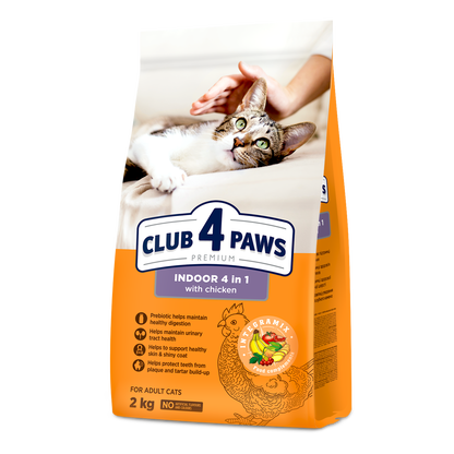 0000CLUB 4 PAWS PREMIUM AR VISTU KAĶIEM, KAS DZĪVO TELPĀS "4 VIENĀ". PILNVĒRTĪGA SAUSĀ BARĪBA PIEAUGUŠIEM KAĶIEM