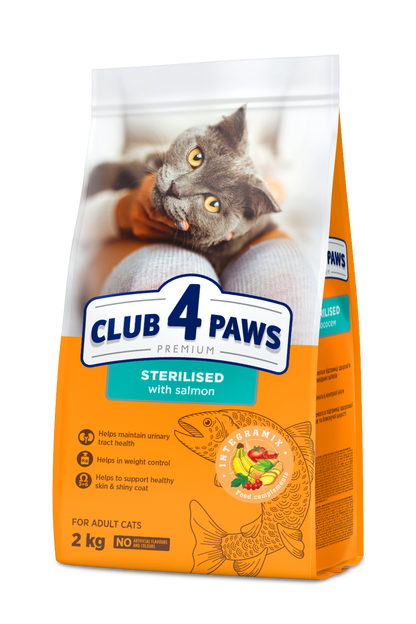 CLUB 4 PAWS PREMIUM AR LASI PILNVĒRTĪGA SAUSĀ BARĪBA PIEAUGUŠIEM STERILIZĒTIEM KAĶIEM