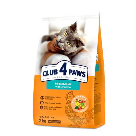 CLUB 4 PAWS PREMIUM AR VISTU PILNVĒRTĪGA BARĪBA PIEAUGUŠIEM STERILIZĒTIEM KAĶIEM