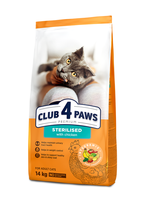 CLUB 4 PAWS PREMIUM AR VISTU PILNVĒRTĪGA BARĪBA PIEAUGUŠIEM STERILIZĒTIEM KAĶIEM