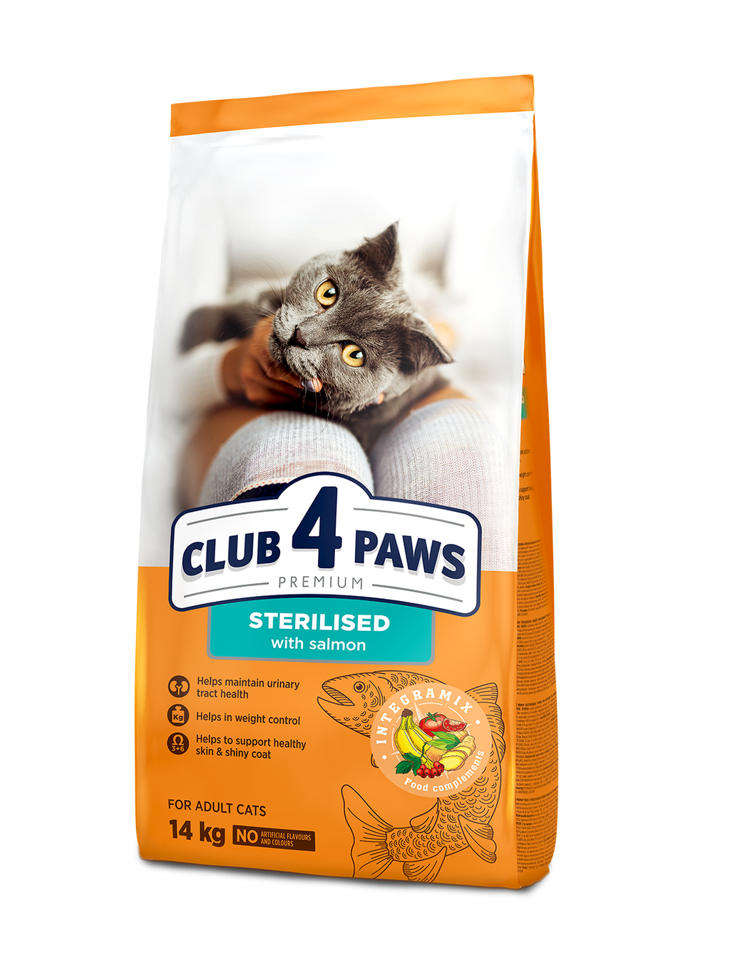 CLUB 4 PAWS PREMIUM SU LAŠIŠA VISAVERTIS SAUSAS PAŠARAS SUAUGUSIOMS STERILIZUOTOMS KATĖMS – 14 kg