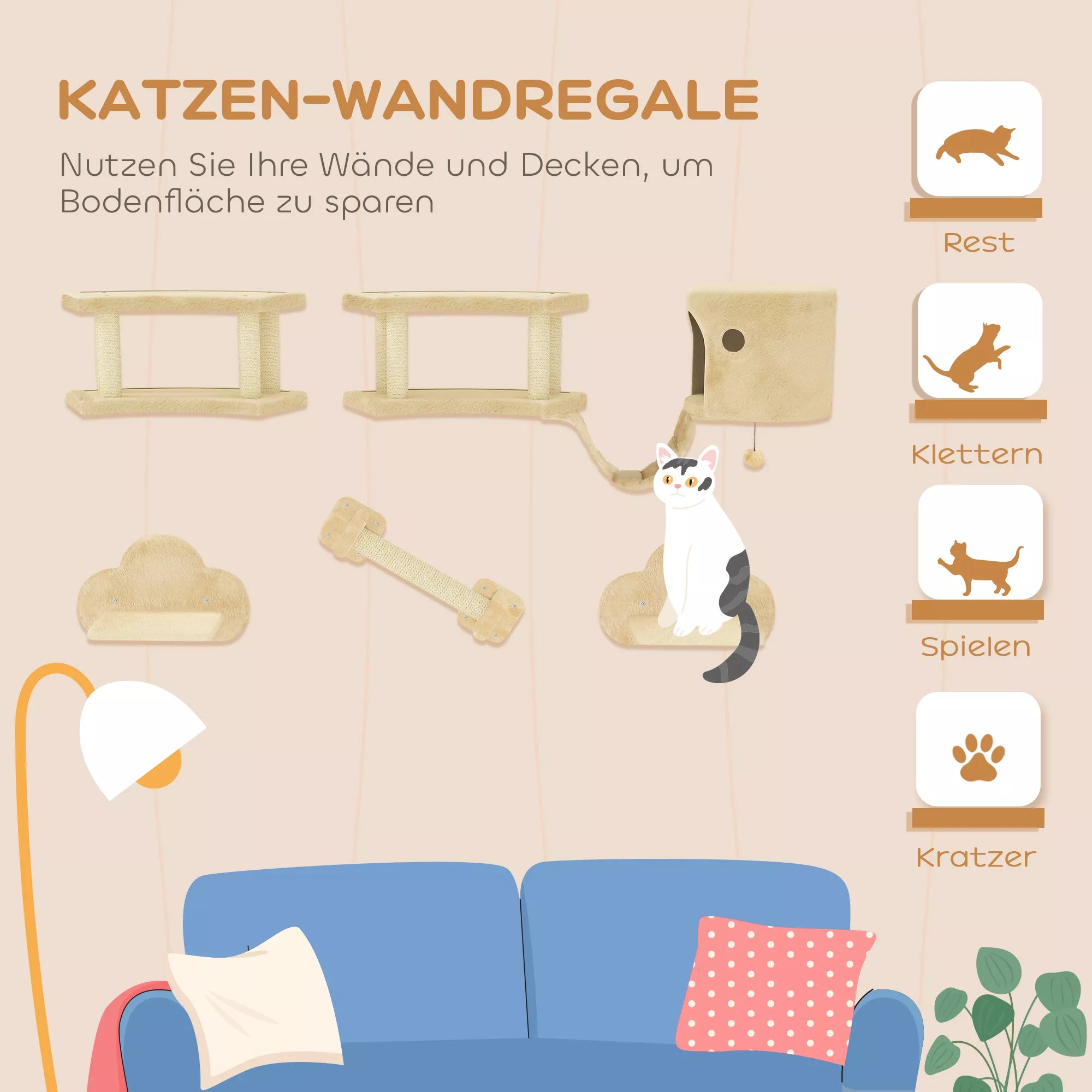 5 daļu kaķu kāpšanas komplekts ar skrāpējamiem stabiem, lēkšanas platformām, kāpnēm, mājiņu, sienas stiprinājumu, bēšs