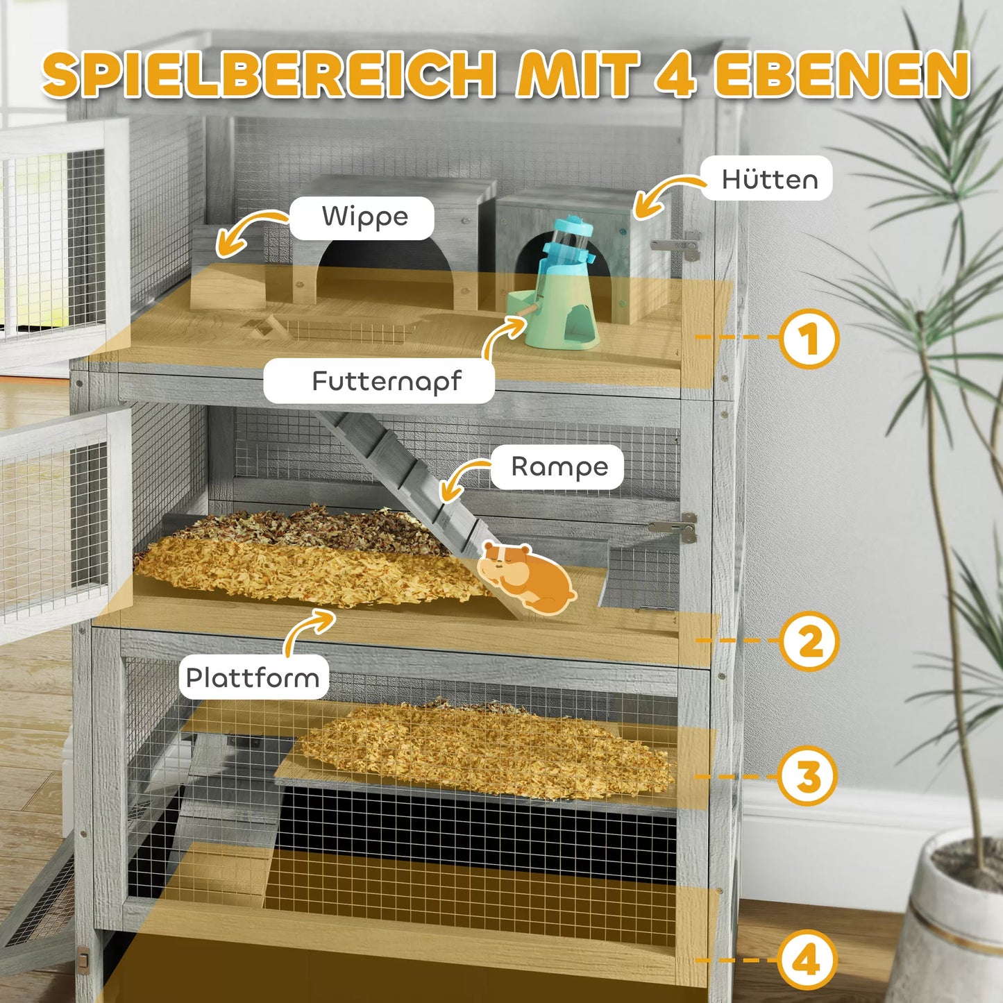 4 līmeņu koka kāmja būris ar mājiņām, šūpolēm, barības bļodām, rampām, riteņiem, 65 x 45 x 109 cm, pelēks