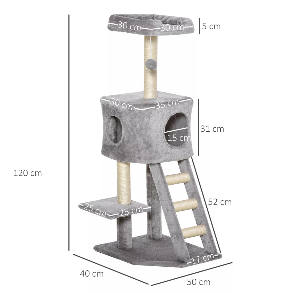 Kačių medis 120 cm, Kačių bokštas su urveliu, žaisliniu kamuoliuku, sizaliniais stiebais, platforma, laipteliais, daugiaaukštis kačių draskytuvas, laipiojimo medis katėms, šviesiai pilkas