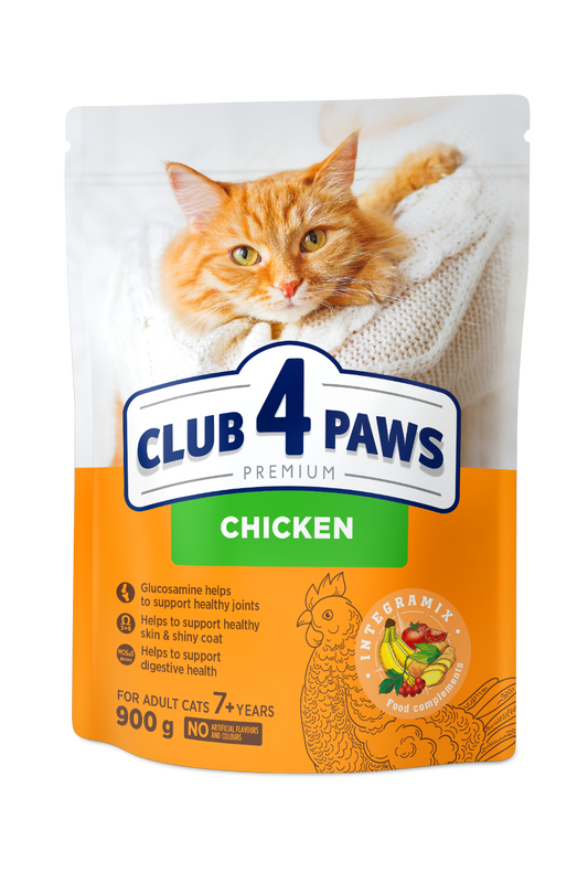 CLUB 4 PAWS PREMIUM VISTAS BARĪBA. PILNVĒRTĪGA SAUSĀ BARĪBA PIEAUGUŠIEM KAĶIEM, KAS VECĀKI PAR 7 GADIEM.