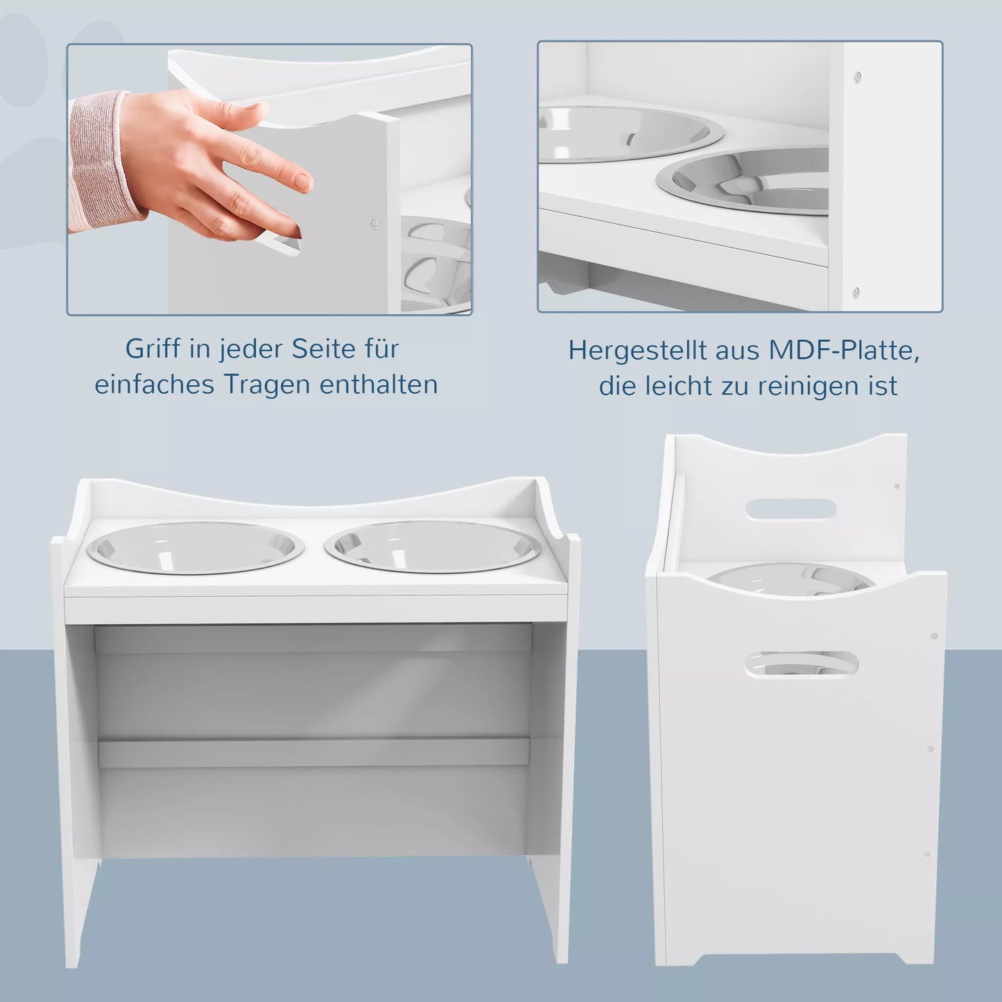 Suņu barības stacija, 2 nerūsējošā tērauda bļodas, regulējams augstums, 54x31,5x47cm, balta