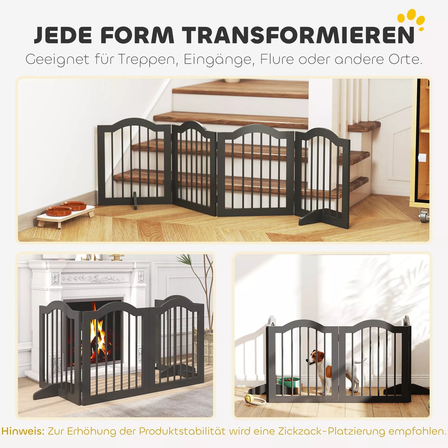 Suņu žoga vārti, brīvi stāvoši drošības vārti ar kājām, salokāmi suņu vārti, 4 paneļi, 208 x 29,5 x 61 cm, melni