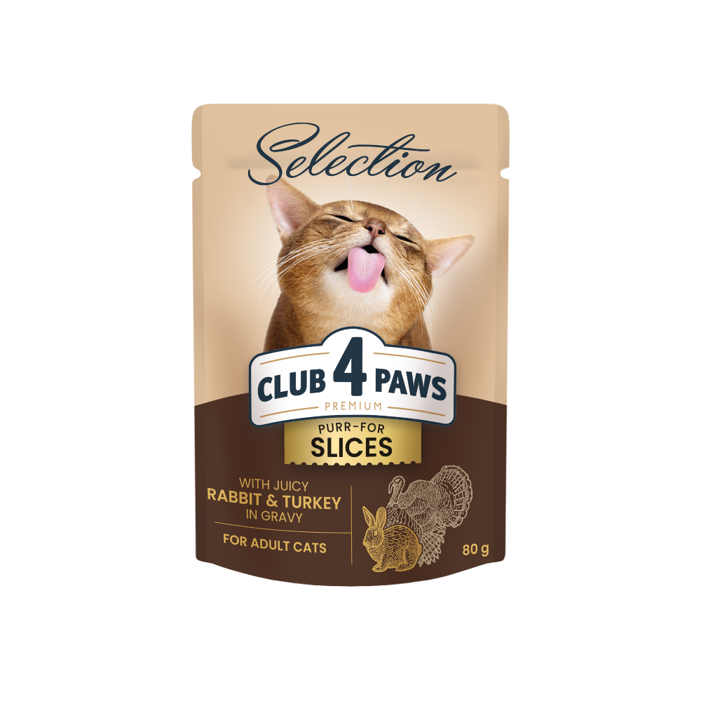 CLUB 4 PAWS Premium Plus Gabaliukai suaugusioms katėms su triušiena ir kalakutiena padaže 12x85 gr