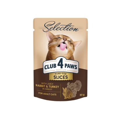 CLUB 4 PAWS Premium Plus Gabaliukai suaugusioms katėms su triušiena ir kalakutiena padaže 12x85 gr