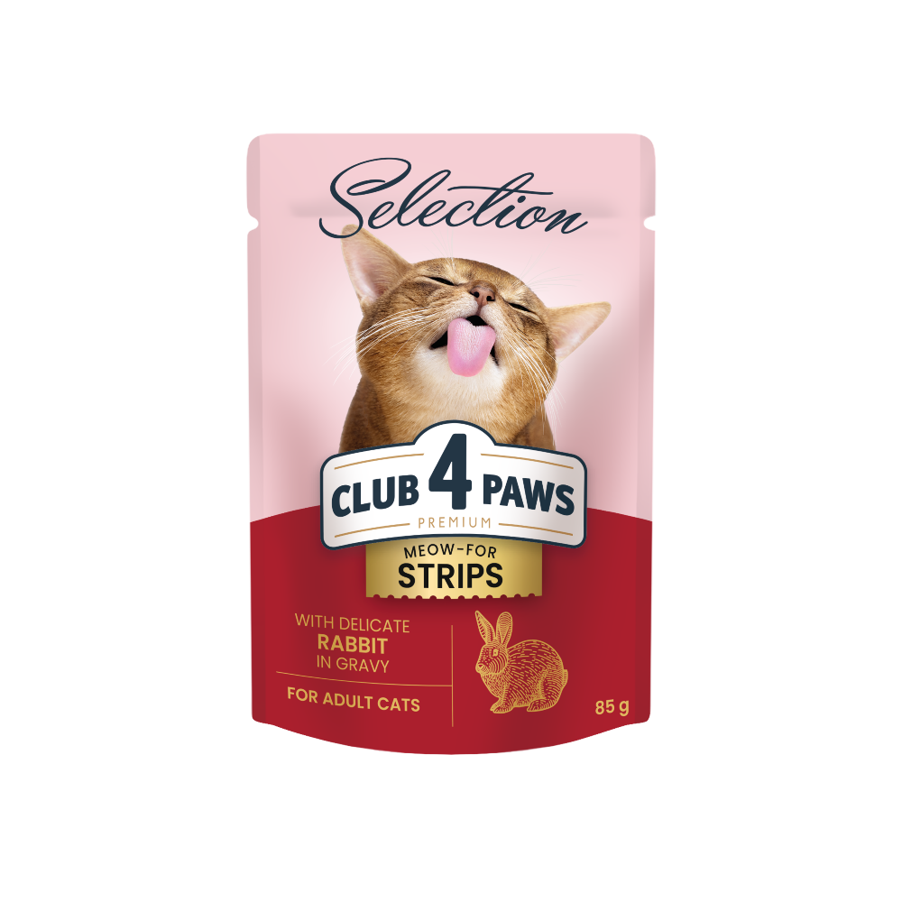 CLUB 4 PAWS Premium Plus juostelės suaugusioms katėms su triušiena padaže 12x85 gr