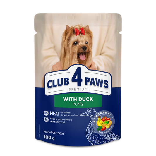 CLUB 4 PAWS Premium konservuotas ėdalas mažų veislių šunims su antiena drebučiuose 24x100 gr