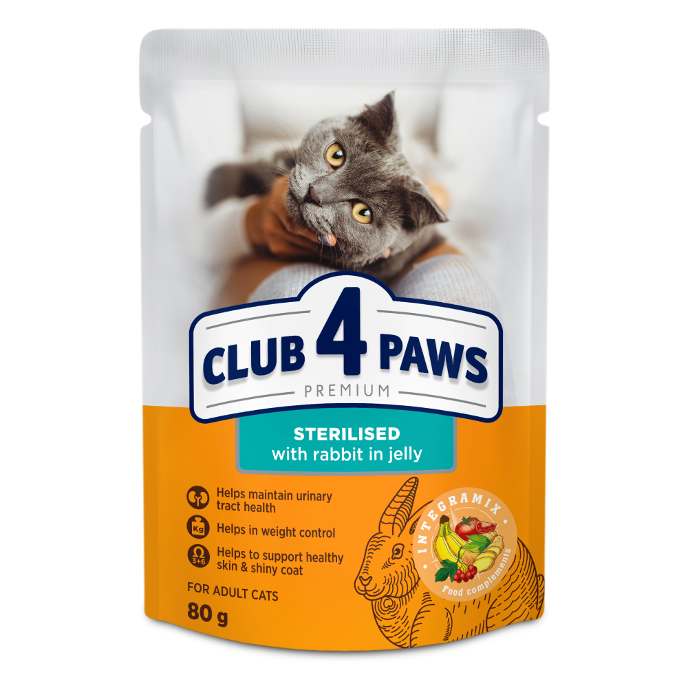 CLUB 4 PAWS Premium konservuotas ėdalas sterilizuotoms katėms su triušiena 24x80 gr
