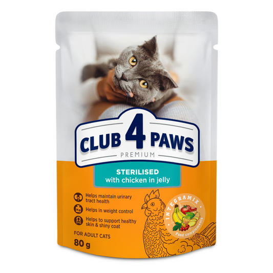 CLUB 4 PAWS Premium konservuotas ėdalas sterilizuotoms katėms su vištiena 24x80 gr