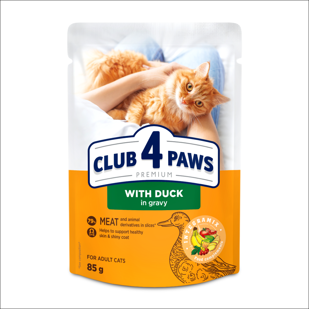 CLUB 4 PAWS Premium konservuotas ėdalas suaugusioms katėms su antiena padaže 24x80 gr