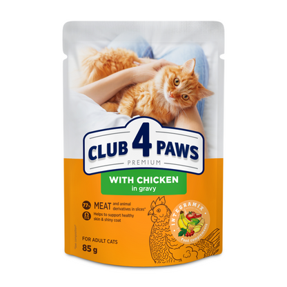 CLUB 4 PAWS Premium konservuotas ėdalas suaugusioms katėms su vištiena padaže 24x80 gr