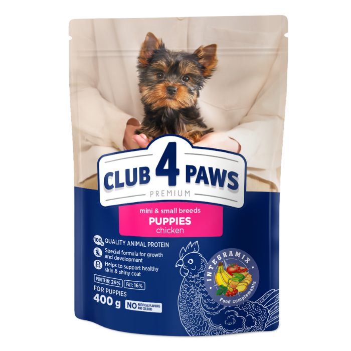 CLUB 4 PAWS Premium sausas pašaras mažų veislių šuniukams su vištiena