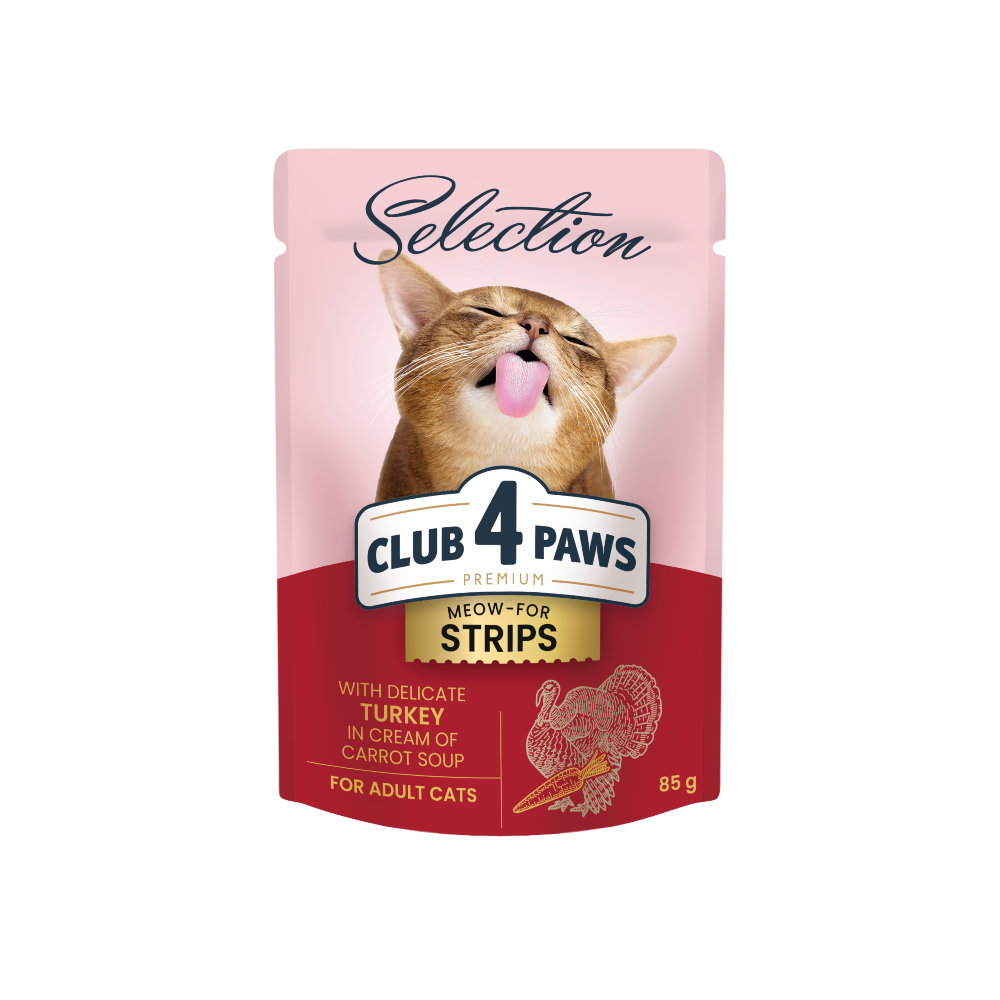 CLUB 4 PAWS Premium Plus Juostelės suaugusioms katėms su kalakutiena kreminėje morkų sriuboje 12x85 gr