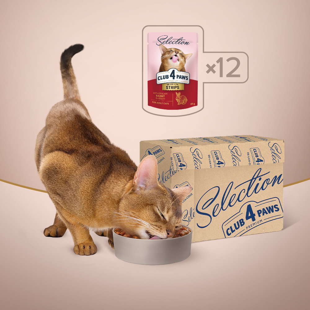 CLUB 4 PAWS Premium juostelės suaugusioms katėms su triušiena padaže 12vnt pakuotė