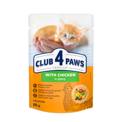 CLUB 4 PAWS Premium konservuotas ėdalas kačiukams su vištiena 24x80 gr