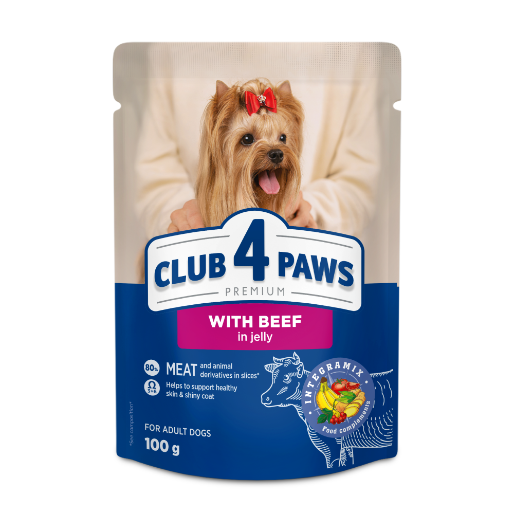 CLUB 4 PAWS Premium konservuotas ėdalas mažų veislių šunims su jautiena drebučiuose 24x100 gr
