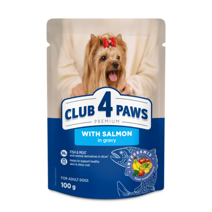 CLUB 4 PAWS Premium konservuotas ėdalas mažų veislių šunims su lašiša padaže 24x100 gr