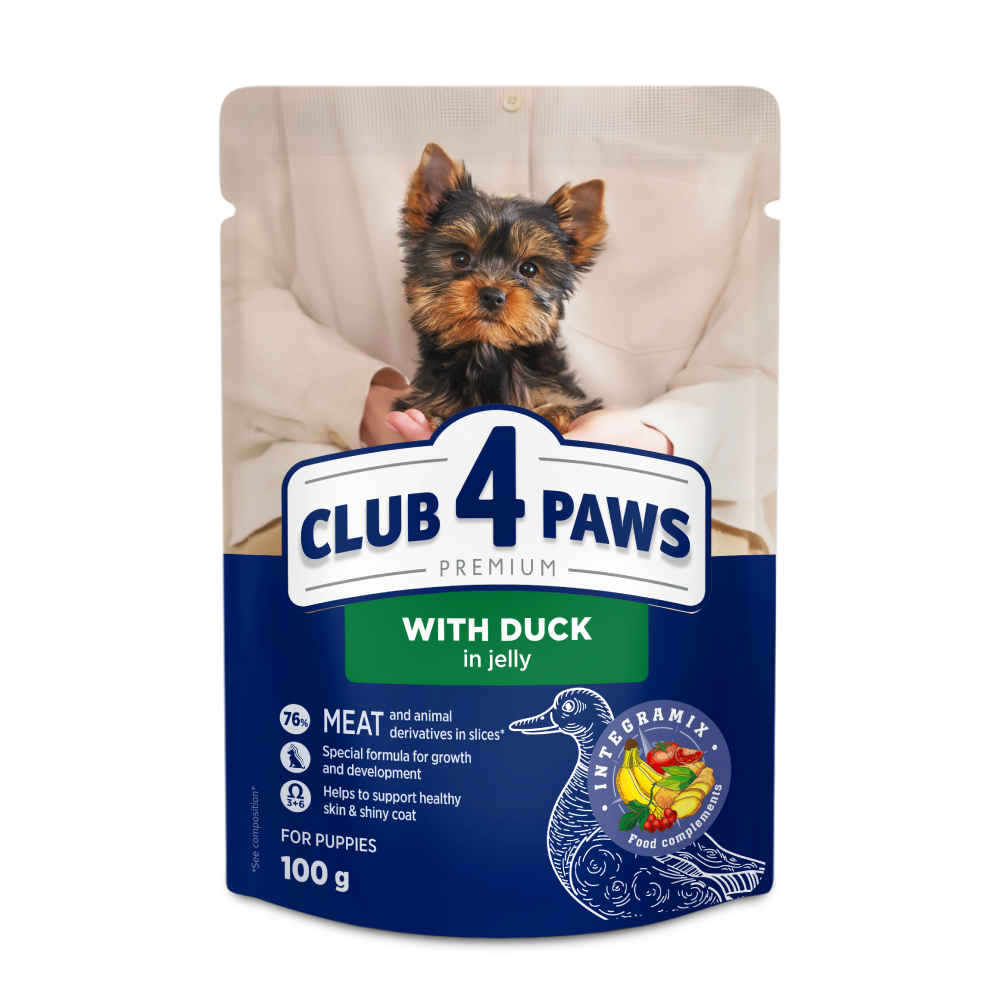 CLUB 4 PAWS Premium konservuotas ėdalas miniatiūrinių ir mažų veislių šuniukams su antiena drebučiuose 24x100 gr