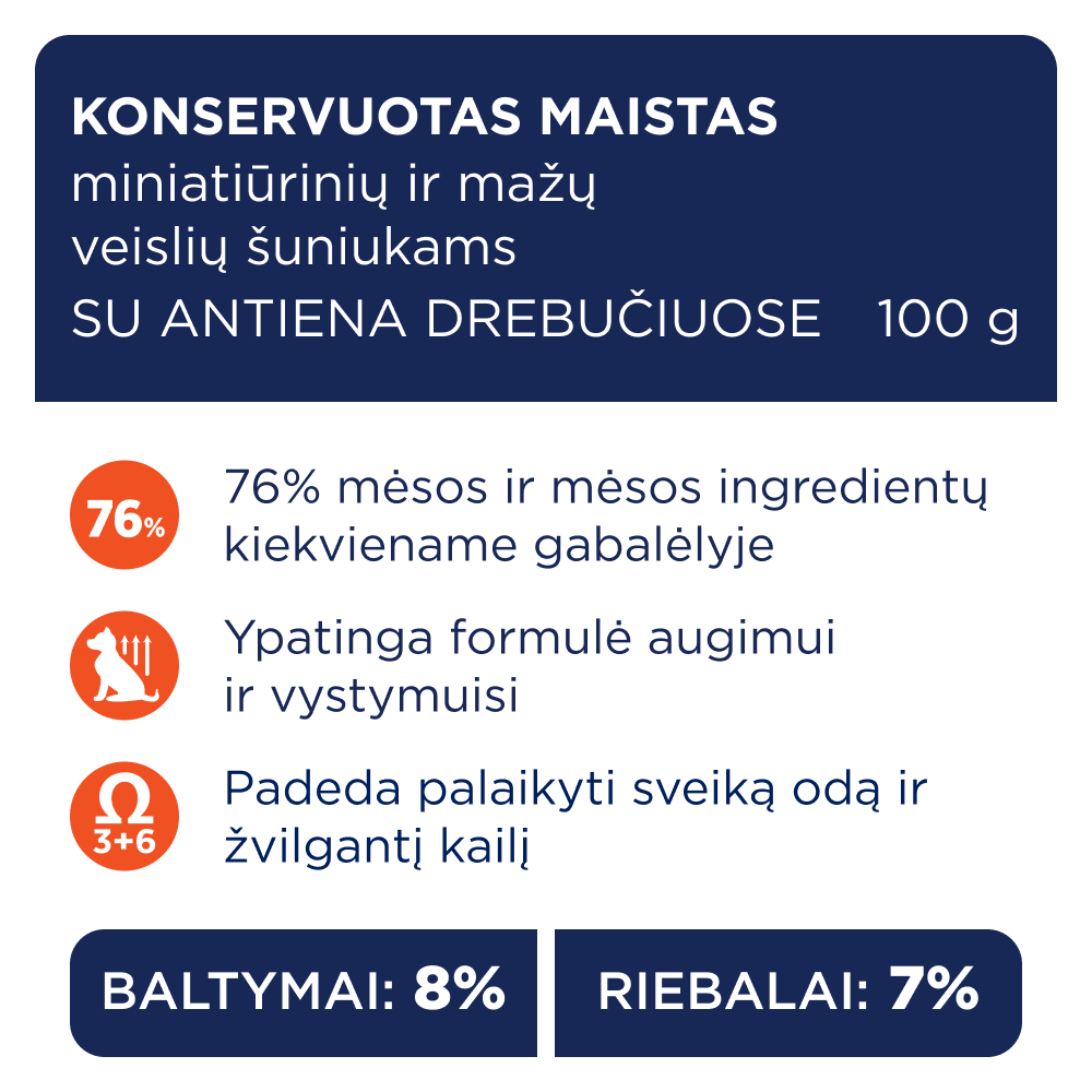 CLUB 4 PAWS Premium konservuotas ėdalas miniatiūrinių ir mažų veislių šuniukams su antiena drebučiuose 12x0.1 kg sudėtis