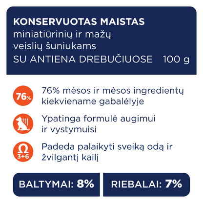 CLUB 4 PAWS Premium konservuotas ėdalas miniatiūrinių ir mažų veislių šuniukams su antiena drebučiuose 12x0.1 kg sudėtis