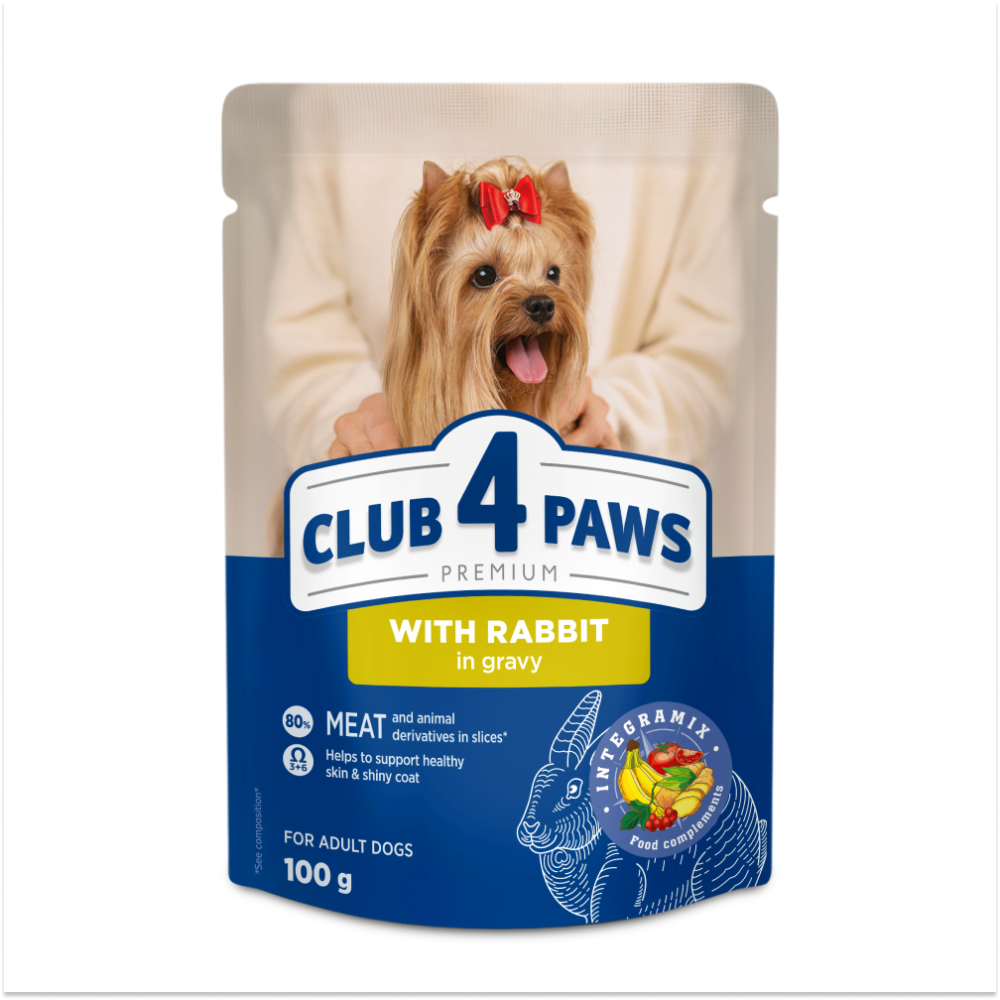 CLUB 4 PAWS Premium konservuotas ėdalas suaugusiems šunims su triušiena padaže 24x100 gr
