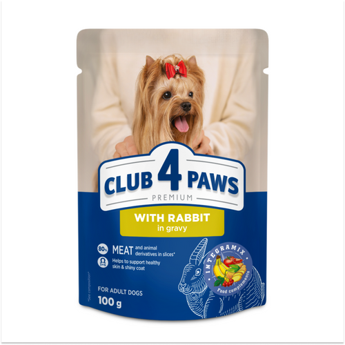 CLUB 4 PAWS Premium konservuotas ėdalas suaugusiems šunims su triušiena padaže 24x100 gr